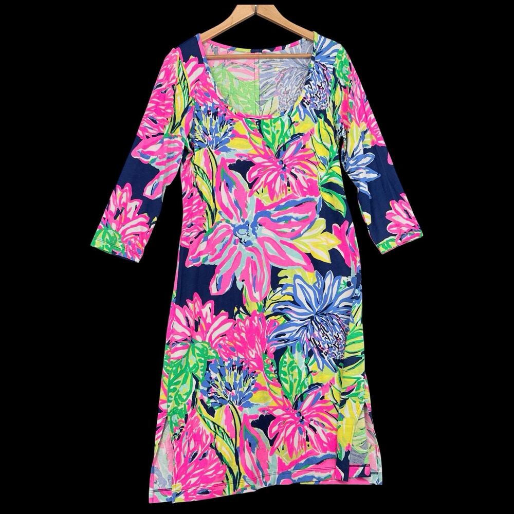 Lilly Pulitzer Kenzie Dress Sz L Travelers Palm Pima Cotton Floral Resort Cruise